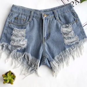 Frayed Hem Ripped Denim Shorts - Denim Blue S